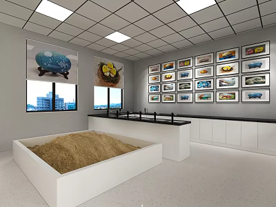 School Science Classroom Featuring Sand Pit Educational Display Pictures And Lab Tables 3d model
