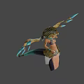 Game Movie Character in Egyptian Style With Golden Wings Snake Motifs Ornate Outfit Blue Decorations