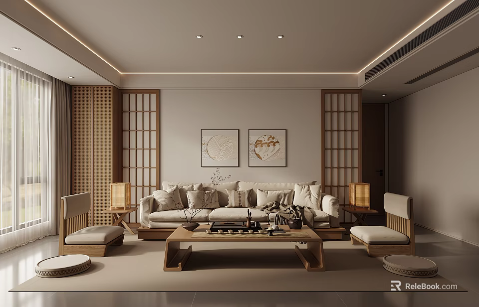 Modern Living Room Interior With Beige Sofa Wooden Partitions Circular Paintings And Coffee Table 3d model 