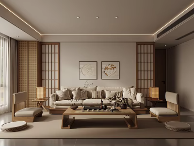 Modern Living Room Interior With Beige Sofa Wooden Partitions Circular Paintings And Coffee Table 3d model