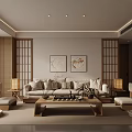 Modern Living Room Interior With Beige Sofa Wooden Partitions Circular Paintings And Coffee Table