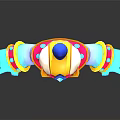 3D Blue Cartoon Character With Yellow Red Decorations Blue Gemmed Hat And Serious Expression