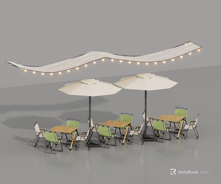 Outdoor Table Setup With White Umbrellas Green Chairs And String Lights 3d model