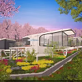Modern Glass Homestay Building with Curved Design Surrounded by Cherry Blossoms and Greenery