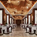 Banquet Hall With Elegant Ceiling Decor Wooden Walls White Tablecloths Red Accents And Ocean View