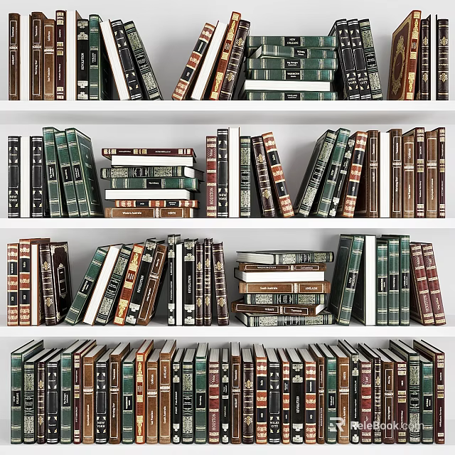 Colorful Books Neatly Arranged On Multiple Shelves With Diverse Spines 3d model 