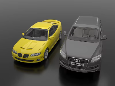 Two Cars Yellow Sedan And Gray Audi Model Display Side By Side 3d model