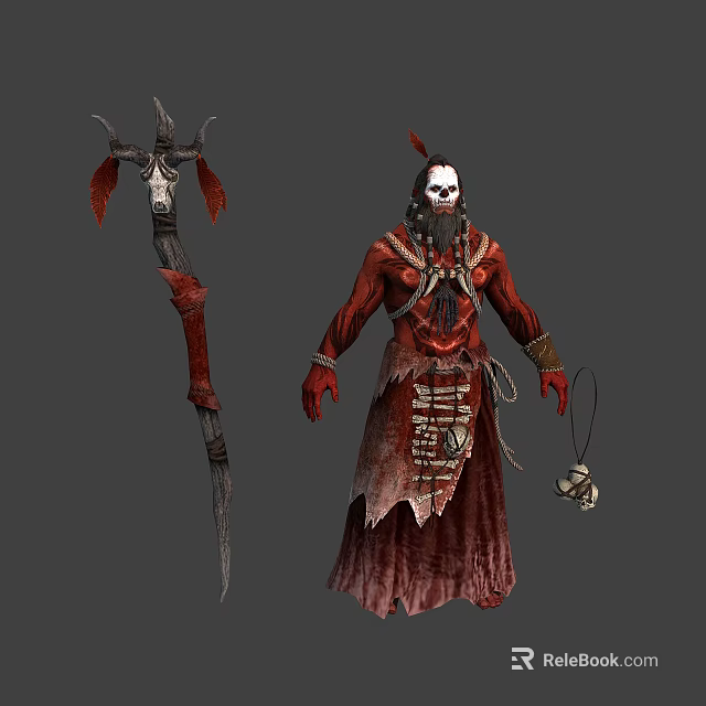 Mystical Wizard Character In Red Robe With Undead Skull Staff And Bone Charm 3d model 