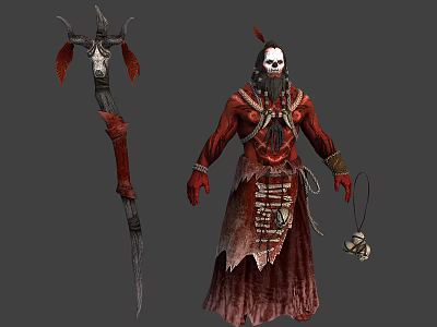 Mystical Wizard Character In Red Robe With Undead Skull Staff And Bone Charm 3d model