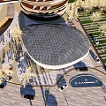 Modern Futuristic Architecture Plaza With Round Glass Roof Pedestrians And Vehicles