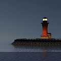 Illuminated Lighthouse Standing On Stone Pier With Blue Sky Water And Reflection 3d model