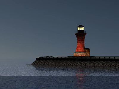 Illuminated Lighthouse Standing On Stone Pier With Blue Sky Water And Reflection 3d model