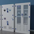 Four White Storage Cabinets With Glass Doors And Blue Accents Against Blue Wall