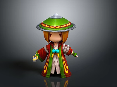 3D Cartoon Character With Green Conical Hat Silver Top And Red Green Robe 3d model