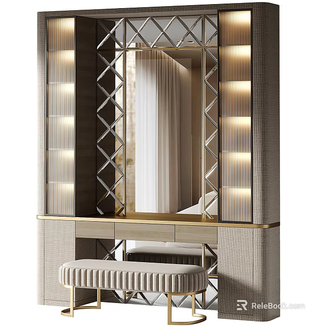 Elegant Modern Dressing Table With Illuminated Mirror Gold Frame And Rattan Stool 3d model