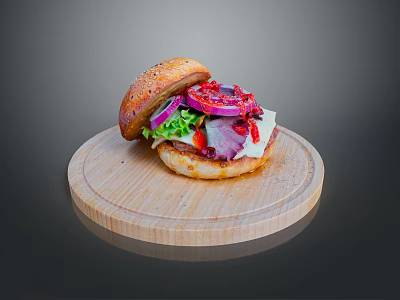 Freshly Prepared Hamburger On Wooden Cutting Board With Sesame Bun Lettuce Red Onion And Sauce 3d model