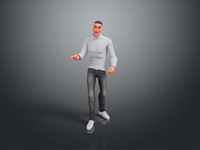 Man Wearing White Turtleneck Sweater Dark Jeans White Shoes With Open Hands On Gray Background 3d model