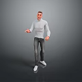 Man Wearing White Turtleneck Sweater Dark Jeans White Shoes With Open Hands On Gray Background