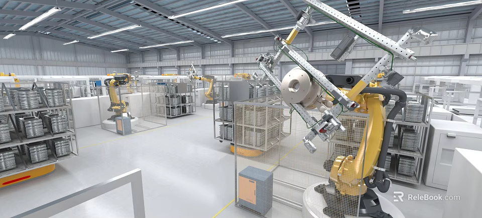 Industrial Factory Interior With Automated Robotic Arms And Production Lines 3d model 