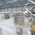 Industrial Factory Interior With Automated Robotic Arms And Production Lines
