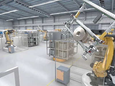 Industrial Factory Interior With Automated Robotic Arms And Production Lines 3d model