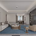 Modern Elegant Living Dining Room Interior Design With Blue Rug Sofa Dining Table And Artwork