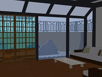 Rooftop Garden Indoor Area With Glass Roof Railing Sofa And Coffee Table 3d model
