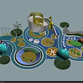 Colorful Children's Playground with Yellow Slide Swings Circular Play Areas And Tree Decorations