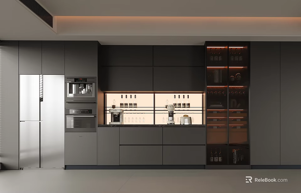 Modern Gray Kitchen With Glass Door Wine Cabinet And LED Lighting 3d model 