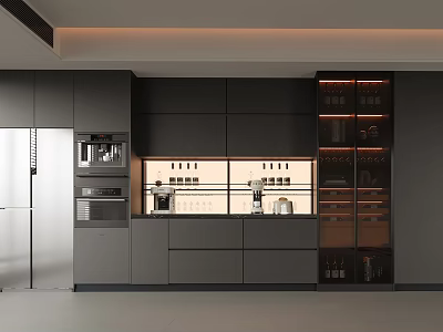 Modern Gray Kitchen With Glass Door Wine Cabinet And LED Lighting 3d model