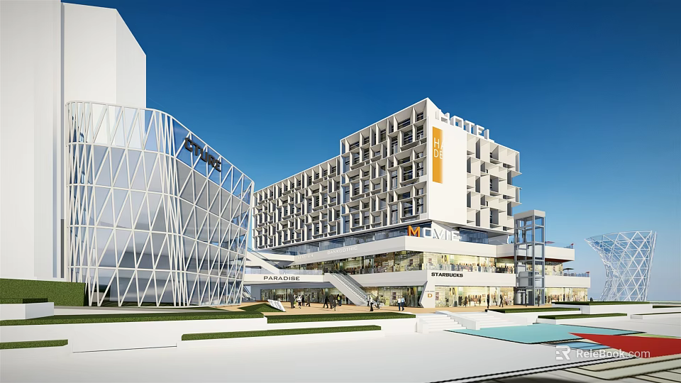 Modern Commercial Complex With Glass Facade And Connected Outdoor Walkways 3d model