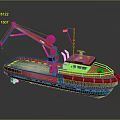 Colorful Model Boat With Red Crane Blue Hull Wooden Deck Small Flag And Cabin