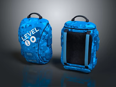 Blue Camouflage Backpacks With LEVEL 00 Logo Black Lining And Blue Straps 3d model