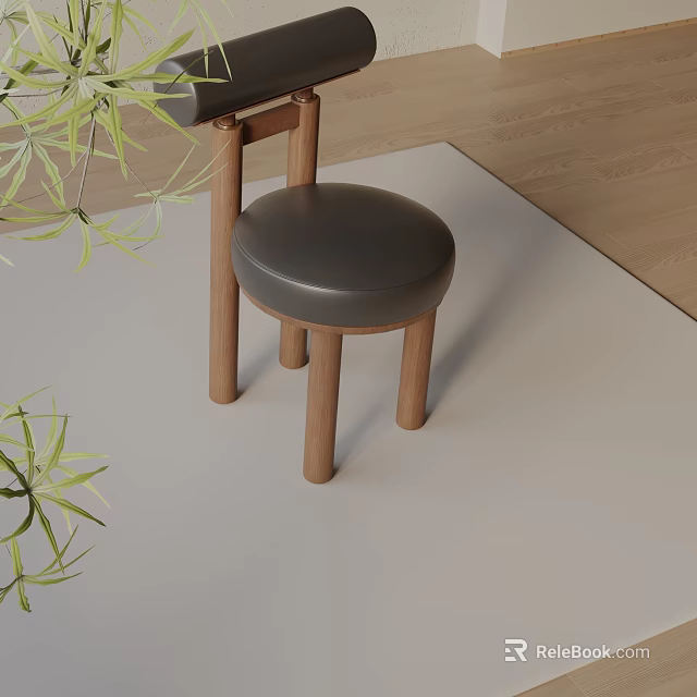 Modern Dining Chair With Wooden Legs Black Leather Seat And Green Plants 3d model 
