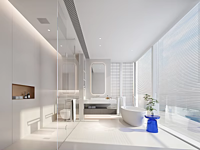 Modern White Bathroom Interior Design With Large Windows Blinds Bathtub And Vanity Mirror 3d model