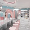 Pastel Pink Blue Homemade Dolls Shop In Mall With Arch Entrance And Display Shelves
