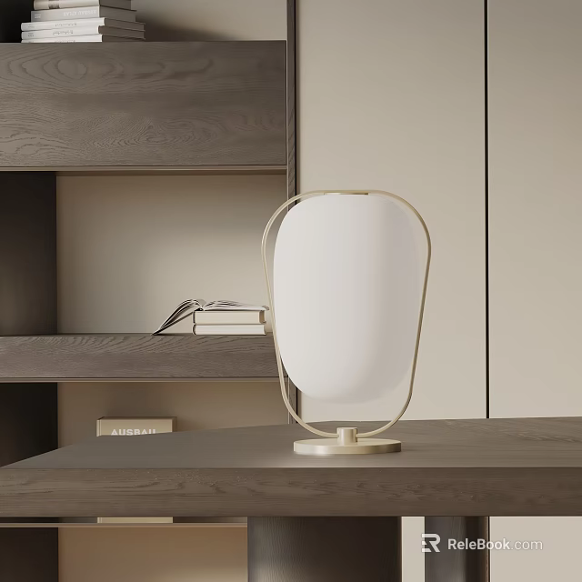 Modern Minimalist Table Lamp With White Lampshade Metal Frame On Wooden Table Near Gray Shelf 3d model 