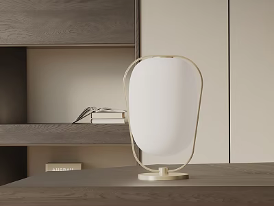 Modern Minimalist Table Lamp With White Lampshade Metal Frame On Wooden Table Near Gray Shelf 3d model