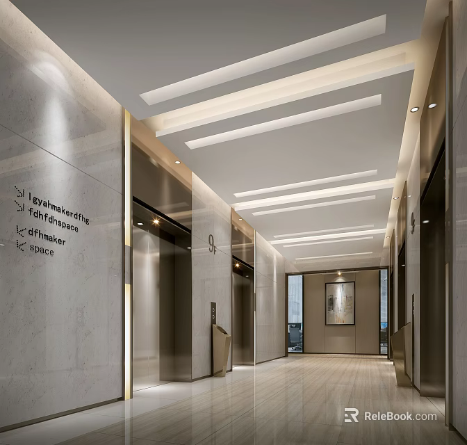 Modern Elevator Corridor With Elevator Doors Stone Walls Ceiling Lights And Directional Signs 3d model 