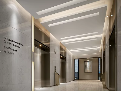 Modern Elevator Corridor With Elevator Doors Stone Walls Ceiling Lights And Directional Signs 3d model