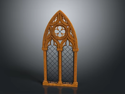 Gothic Arched Architectural Window With Carved Wooden Frame And Lattice Glass 3d model