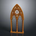 Gothic Arched Architectural Window With Carved Wooden Frame And Lattice Glass