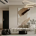 Modern Minimalist Living Dining Room Interior With Beige Sofa Abstract Painting And Circular Pendant Light