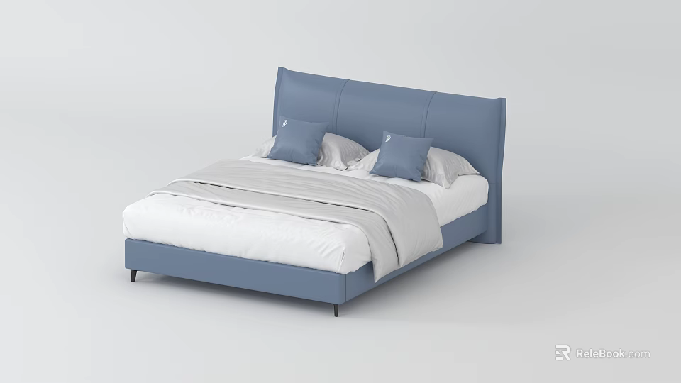 Modern Double Bed With Blue Leather Headboard White Sheet And Gray Comforter 3d model