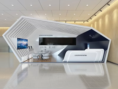 Modern Exhibition Hall With Geometric Structure Reception Desk Display Screen And Seating Area 3d model