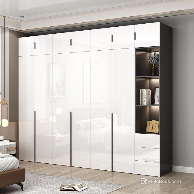 Modern White Wardrobe With Black Frame Glass Doors And Illuminated Open Shelves 3d model 