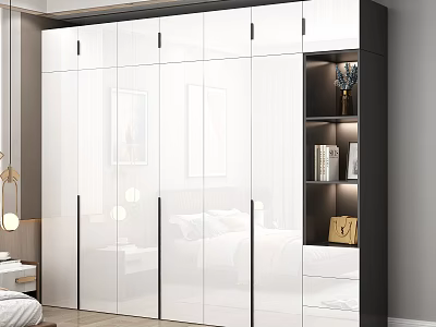Modern White Wardrobe With Black Frame Glass Doors And Illuminated Open Shelves 3d model