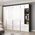 Modern White Wardrobe With Black Frame Glass Doors And Illuminated Open Shelves