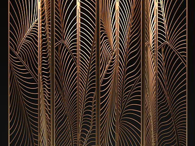 Golden Artistic Decorative Screen With Intricate Feather Like Lines Design For Modern Interior 3d model
