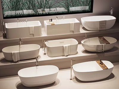 Modern White Bathtubs Display In Showroom With Different Styles And Designs 3d model